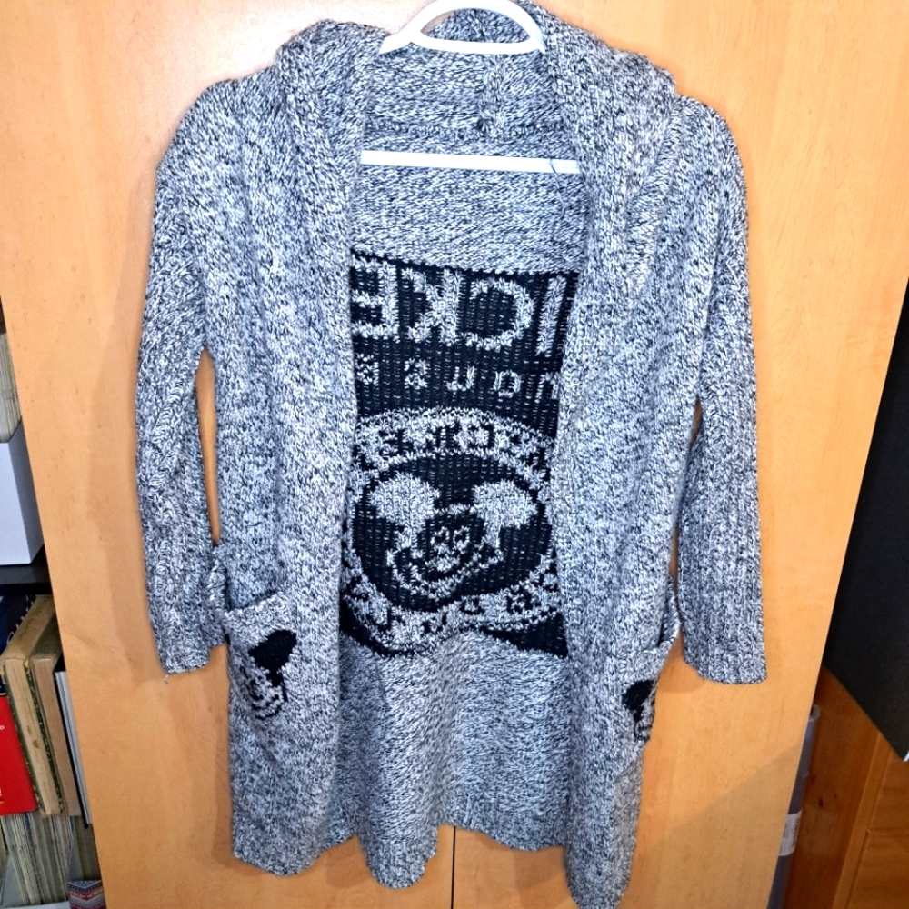 Hand Made Knitted Mickey Mouse Long Hooded Sweater Grey Size Small - Medium